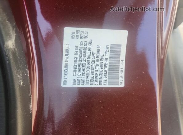 5FNRL6H7XJB091493 2018 HONDA ODYSSEY Burgundy Vista de la etiqueta del VIN