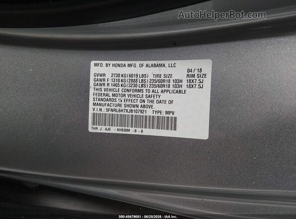 5FNRL6H7XJB107921 2018 HONDA ODYSSEY Silver Вид підкапотного простору