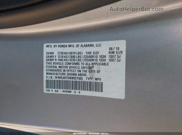 5FNRL6H7XKB027505 2019 HONDA ODYSSEY Silver Вид підкапотного простору