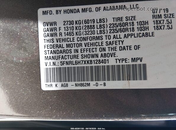 5FNRL6H7XKB128401 2019 HONDA ODYSSEY Gray Engine compartment view