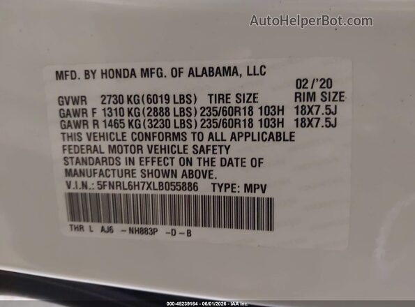 5FNRL6H7XLB055886 2020 HONDA ODYSSEY White ძრავის განყოფილების ხედი