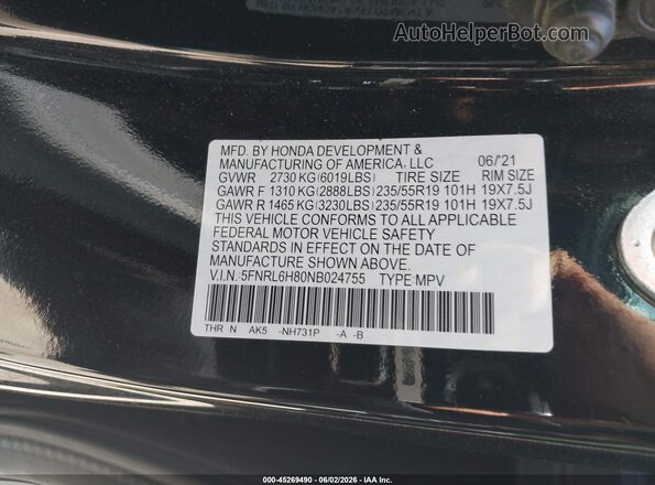 5FNRL6H80NB024755 2022 HONDA ODYSSEY Black 