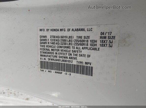 5FNRL6H81JB001012 2018 HONDA ODYSSEY White Շարժիչի բաժամունքի տեսք