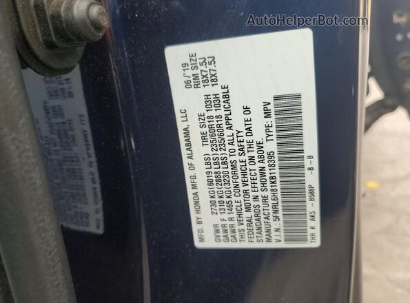 5FNRL6H81KB118395 2019 HONDA ODYSSEY Blue 