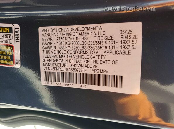 5FNRL6H81SB072289 2025 HONDA ODYSSEY Blue Widok naklejki z numerem VIN