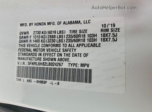5FNRL6H82LB024267 2020 HONDA ODYSSEY Белый Панорамный вид салона 360°
