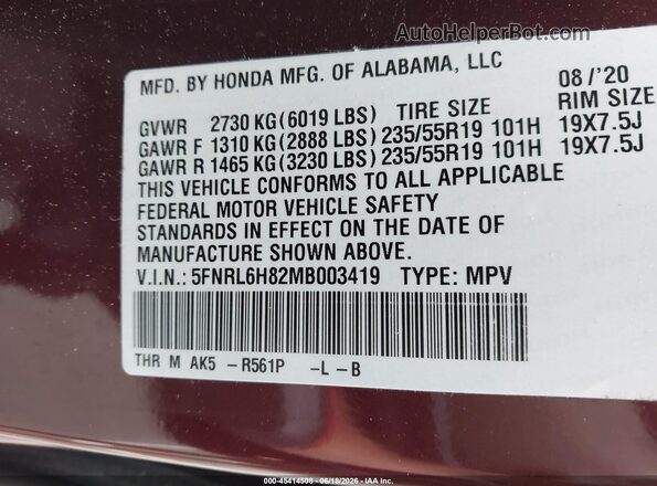 5FNRL6H82MB003419 2021 HONDA ODYSSEY Burgundy Vista del compartimento del motor