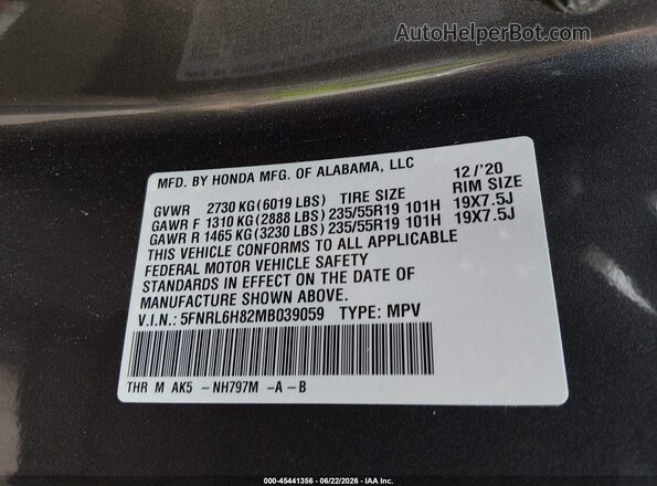 5FNRL6H82MB039059 2021 HONDA ODYSSEY Gray Շարժիչի բաժամունքի տեսք