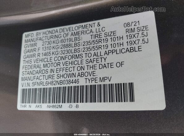 5FNRL6H82NB038446 2022 HONDA ODYSSEY Gray Շարժիչի բաժամունքի տեսք
