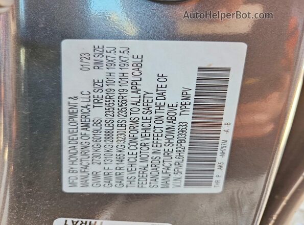5FNRL6H82PB039633 2023 HONDA ODYSSEY Gray Vista de la etiqueta del VIN
