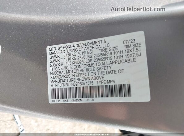 5FNRL6H82PB074575 2023 HONDA ODYSSEY Серебряный Вид подкапотного пространства