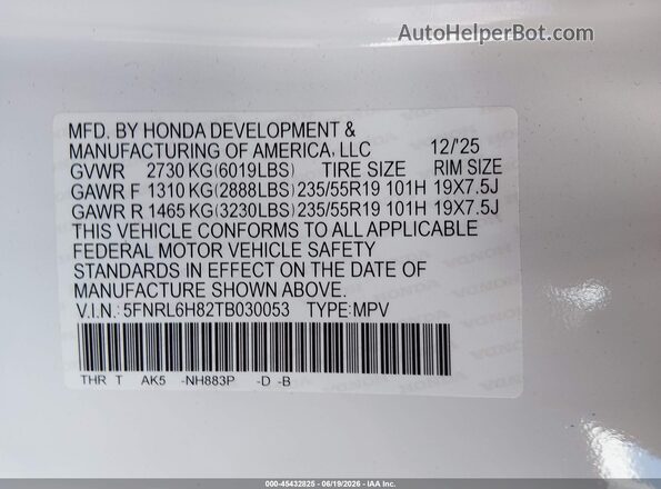 5FNRL6H82TB030053 2026 HONDA ODYSSEY White Widok komory silnika