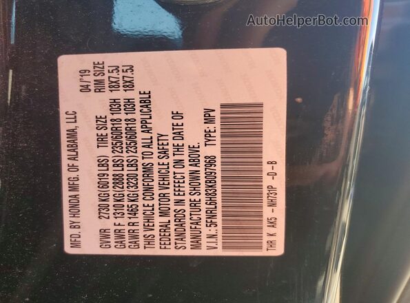 5FNRL6H83KB097968 2019 HONDA ODYSSEY Black VIN კოდის სტიკერის ხედი