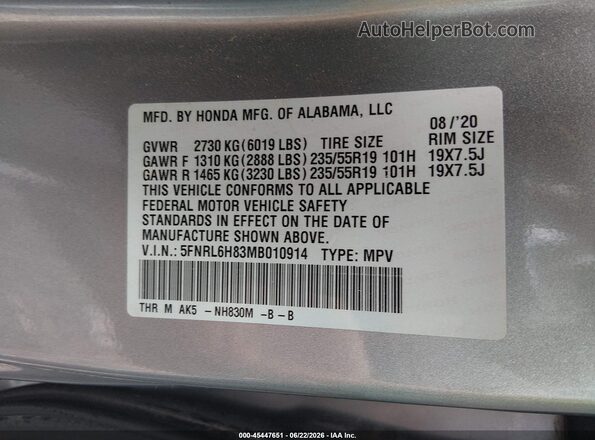 5FNRL6H83MB010914 2021 HONDA ODYSSEY Silver Widok komory silnika