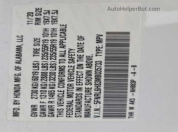 5FNRL6H83MB035733 2021 HONDA ODYSSEY White 