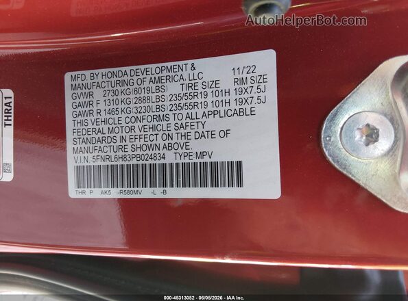 5FNRL6H83PB024834 2023 HONDA ODYSSEY Red Вид підкапотного простору