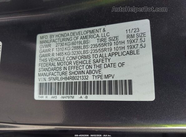 5FNRL6H84RB021332 2024 HONDA ODYSSEY Gray Vista del compartimento del motor