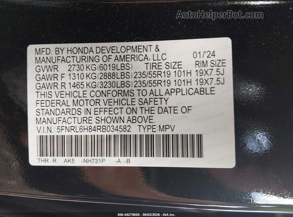 5FNRL6H84RB034582 2024 HONDA ODYSSEY Black Widok komory silnika