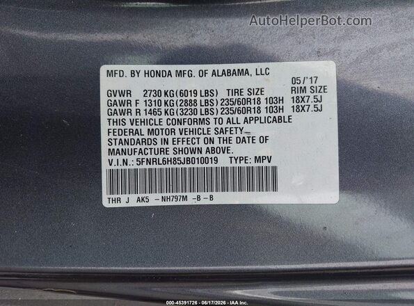 5FNRL6H85JB010019 2018 HONDA ODYSSEY Gray Widok komory silnika