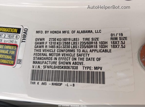 5FNRL6H85KB067838 2019 HONDA ODYSSEY White უკანა სავარძლების ხედი
