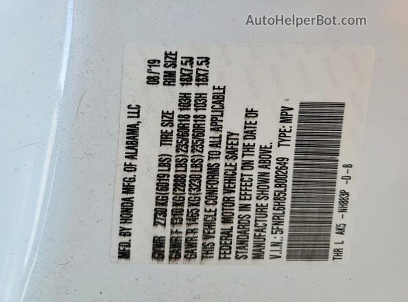 5FNRL6H85LB002649 2020 HONDA ODYSSEY White VIN კოდის სტიკერის ხედი