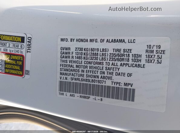 5FNRL6H85LB019371 2020 HONDA ODYSSEY White Widok komory silnika