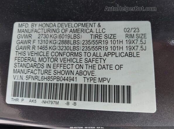 5FNRL6H85PB044941 2023 HONDA ODYSSEY Gray Vista del compartimento del motor