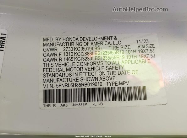 5FNRL6H85RB019010 2024 HONDA ODYSSEY White Vista del compartimento del motor