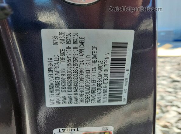 5FNRL6H85TB001100 2026 HONDA ODYSSEY Серый Панорамный вид салона 360°