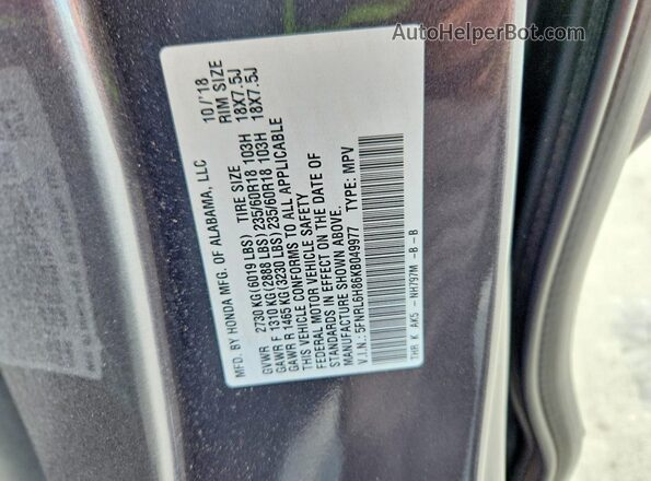 5FNRL6H86KB049977 2019 HONDA ODYSSEY Gray Vista de la etiqueta del VIN
