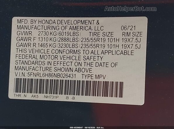 5FNRL6H86NB026431 2022 HONDA ODYSSEY Black 