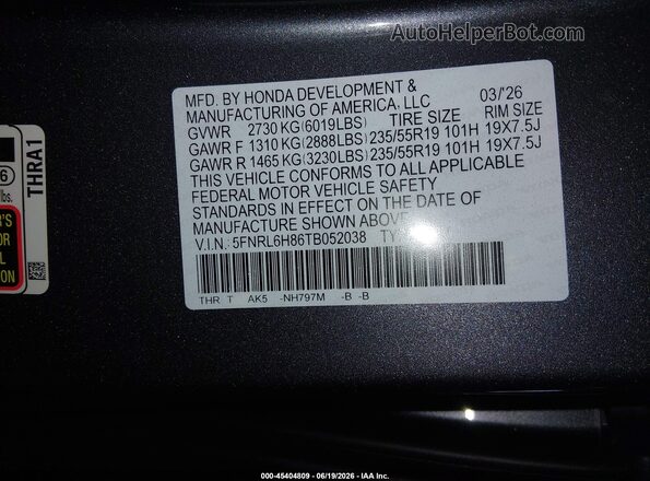 5FNRL6H86TB052038 2026 HONDA ODYSSEY Gray Вид підкапотного простору