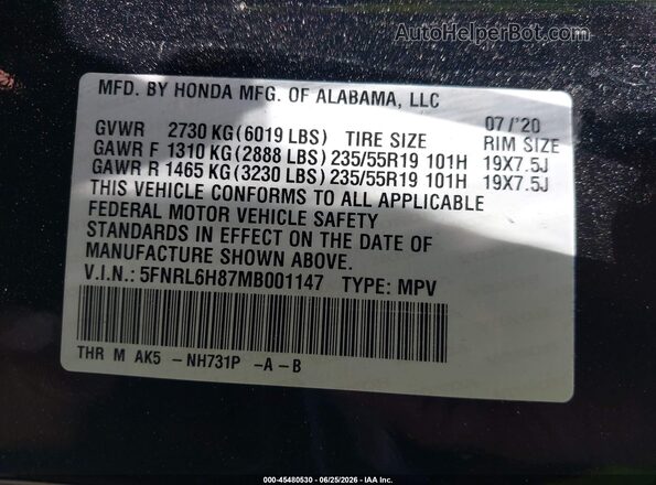 5FNRL6H87MB001147 2021 HONDA ODYSSEY Black Widok komory silnika