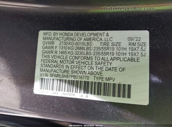 5FNRL6H87PB016770 2023 HONDA ODYSSEY Серый Вид подкапотного пространства
