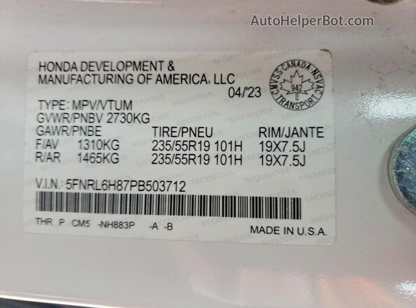 5FNRL6H87PB503712 2023 HONDA ODYSSEY White Вид наклейки з VIN-кодом