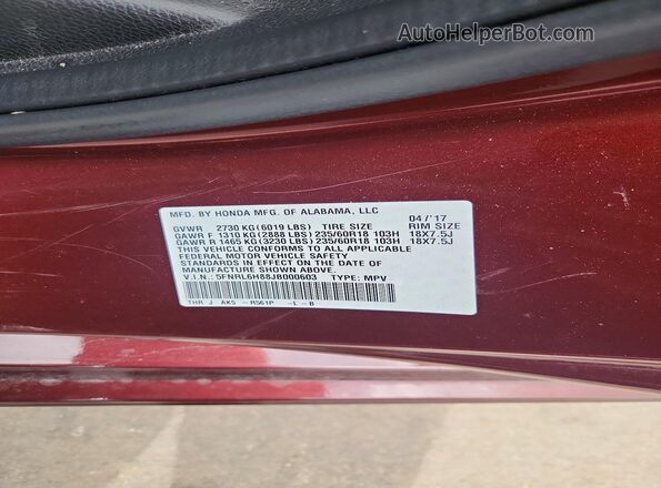 5FNRL6H88JB000603 2018 HONDA ODYSSEY Red 