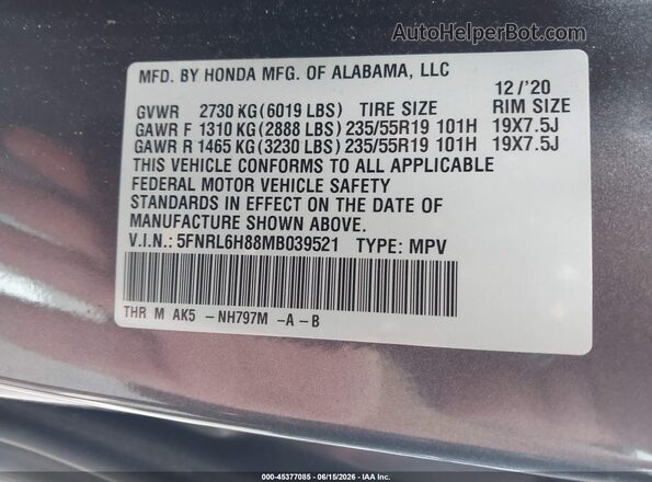 5FNRL6H88MB039521 2021 HONDA ODYSSEY Gray Շարժիչի բաժամունքի տեսք