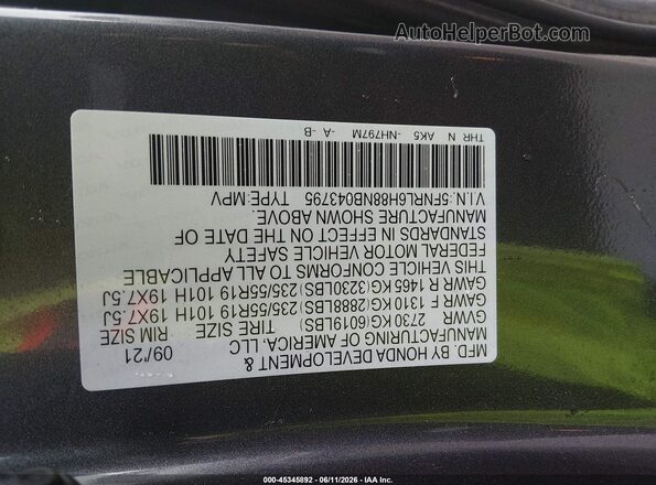 5FNRL6H88NB043795 2022 HONDA ODYSSEY Gray Widok komory silnika