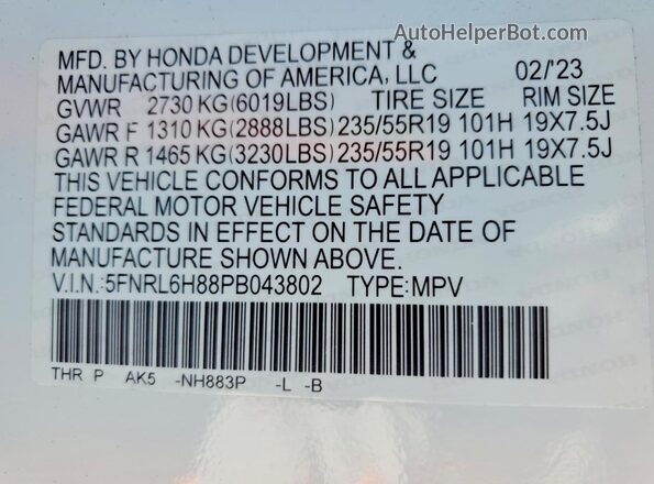 5FNRL6H88PB043802 2023 HONDA ODYSSEY White 