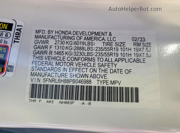 5FNRL6H88PB046988 2023 HONDA ODYSSEY White Widok wnętrza 360 stopni
