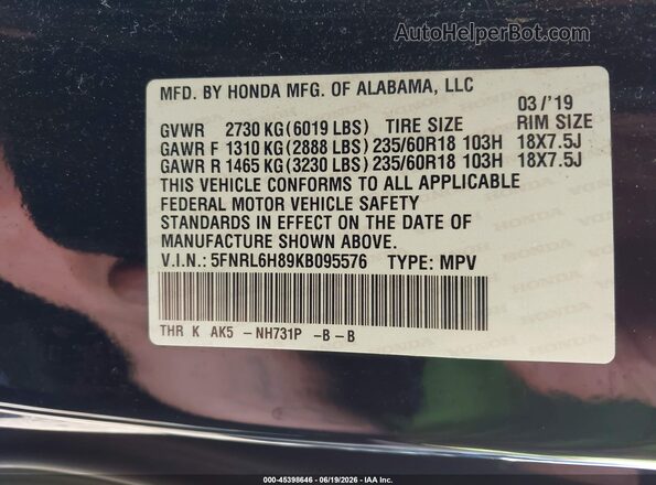 5FNRL6H89KB095576 2019 HONDA ODYSSEY Black Շարժիչի բաժամունքի տեսք