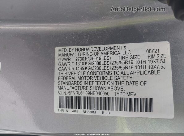 5FNRL6H89NB040050 2022 HONDA ODYSSEY Серебряный Вид подкапотного пространства