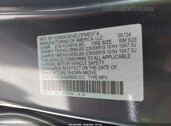 5FNRL6H89RB061373 2024 HONDA ODYSSEY Gray Շարժիչի բաժամունքի տեսք