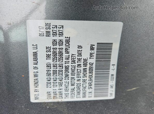 5FNRL6H8XJB009142 2018 HONDA ODYSSEY Gray Widok naklejki z numerem VIN