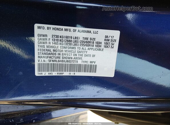 5FNRL6H8XJB037278 2018 HONDA ODYSSEY Blue Widok komory silnika