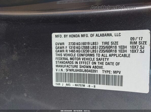 5FNRL6H8XJB040391 2018 HONDA ODYSSEY Gray Widok komory silnika