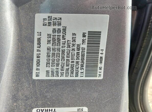 5FNRL6H8XKB078107 2019 HONDA ODYSSEY Silver Vista de la etiqueta del VIN