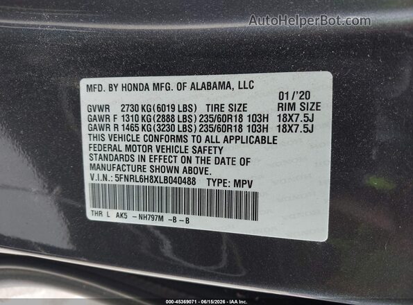 5FNRL6H8XLB040488 2020 HONDA ODYSSEY Gray ძრავის განყოფილების ხედი