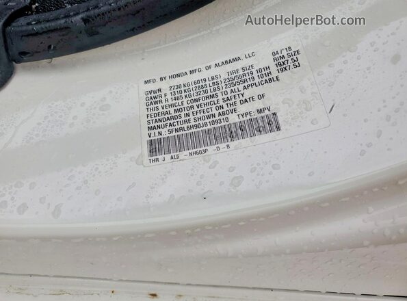 5FNRL6H90JB109310 2018 HONDA ODYSSEY White 