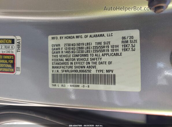5FNRL6H90LB068292 2020 HONDA ODYSSEY Silver Widok komory silnika